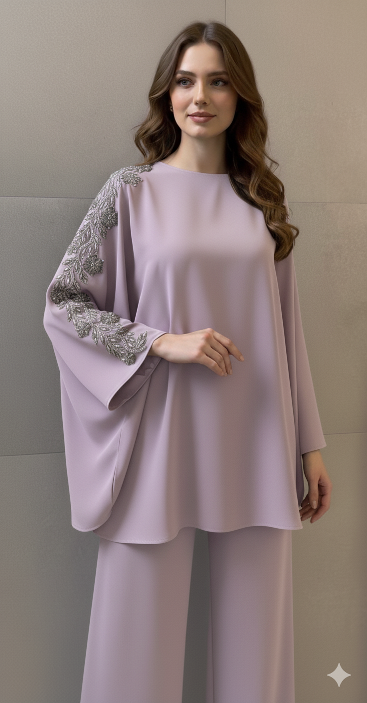 Two-Piece Co_rd Set with Elegant Leaf Embroidery